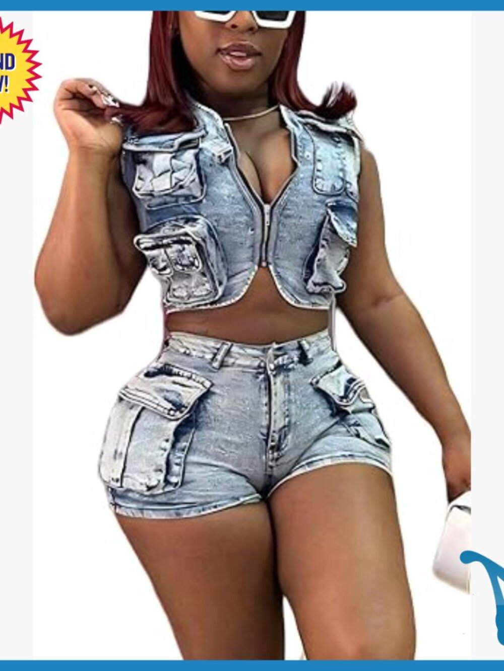 Denim Cargo Vest & Jean Shorts Set, Stretchy Summer Party Outfit